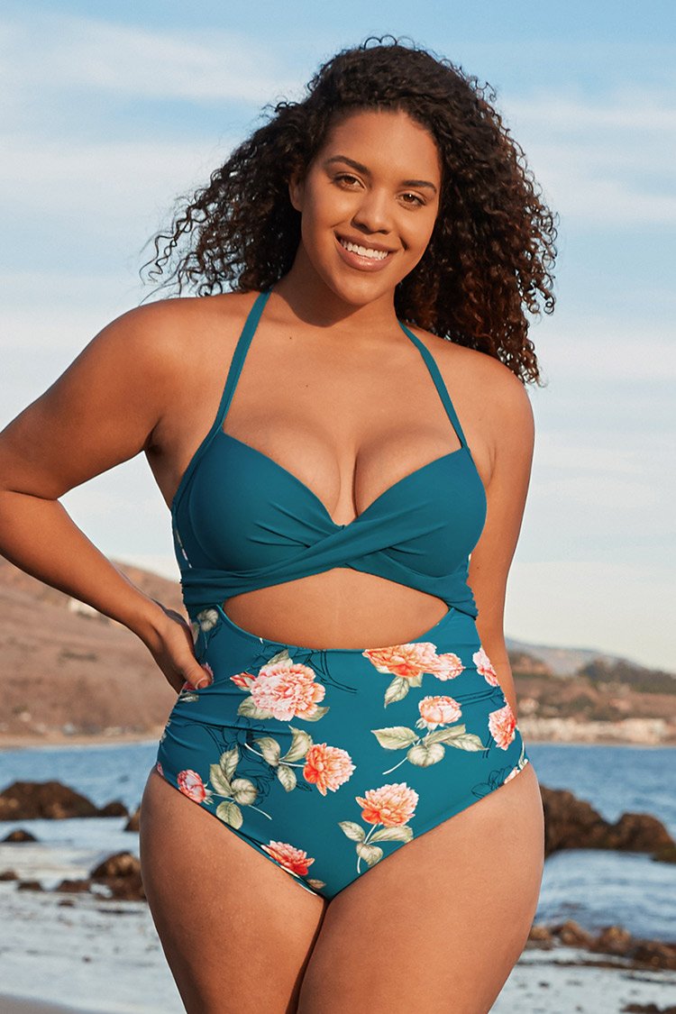 Maillot de bain une pi¨¨ce grand taille imprim¨¦ floral bleu