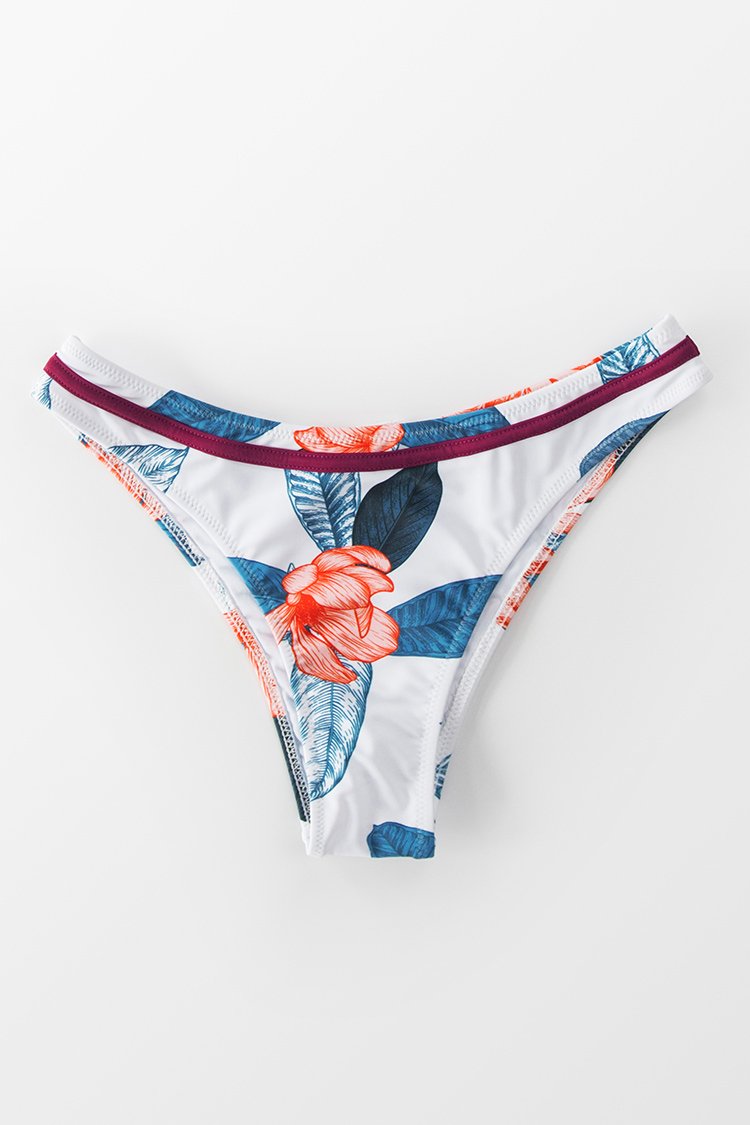 Bas de bikini blanc imprim¨¦ floral et feuilles 